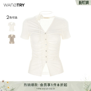 try天丝羊毛抽褶上衣含飘带夏季 短袖 新款 显瘦女款 内搭 修身 wana