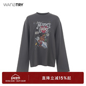 try做旧涂鸦卡通趣味灰色长袖 T恤2025秋季 新款 wana 休闲女款 上衣