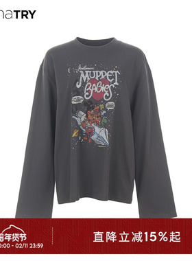 wana try做旧涂鸦卡通趣味灰色长袖T恤2025秋季新款休闲女款上衣