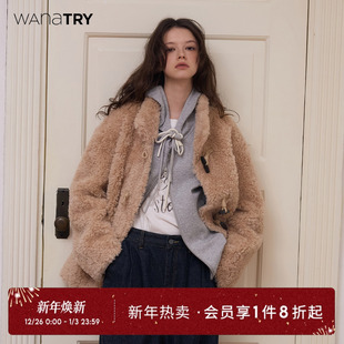 牛角扣外套上衣女装 新款 try100%绵羊毛复合皮毛一体大衣冬季 wana