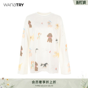休闲可爱女款 wana 新款 T恤2026夏季 上衣 try狗狗图鉴印花白色长袖