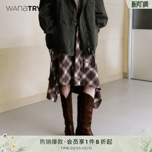 女款 新款 半身裙 try苏格兰格纹磨毛不规则咖色半裙2025秋季 wana