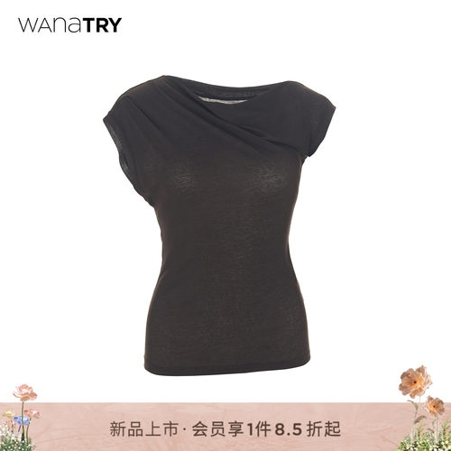 wanatry纯棉荡领斜肩修身T恤