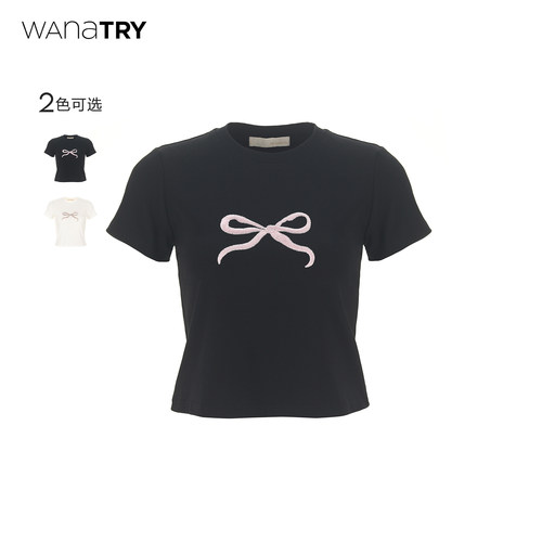 wanatry黑色刺绣蝴蝶结短款T恤