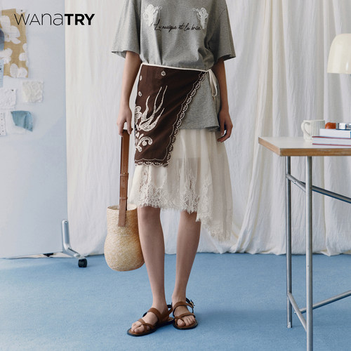 wanatry不对称蕾丝杏色半身裙