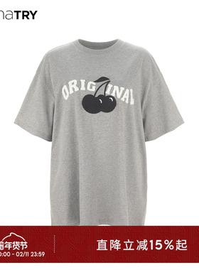 【明星同款】wana try植绒樱桃廓形宽松灰色T恤2025春季新款短袖