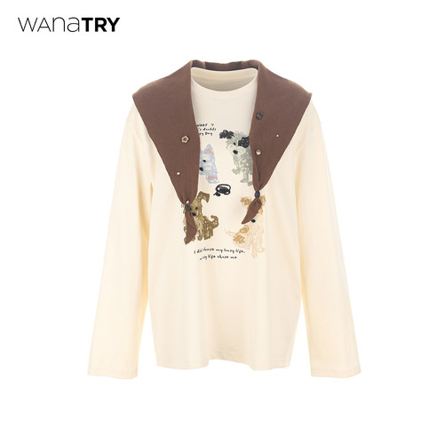 wanatry减龄涂鸦狗狗印花长袖T