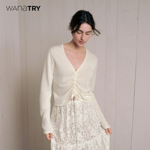wanatry抽绳设计白色针织上衣