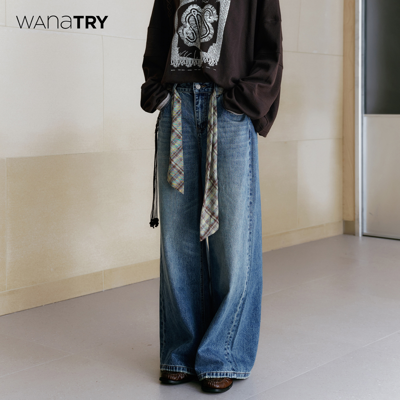 wanatry蓝色复古水洗阔腿牛仔裤