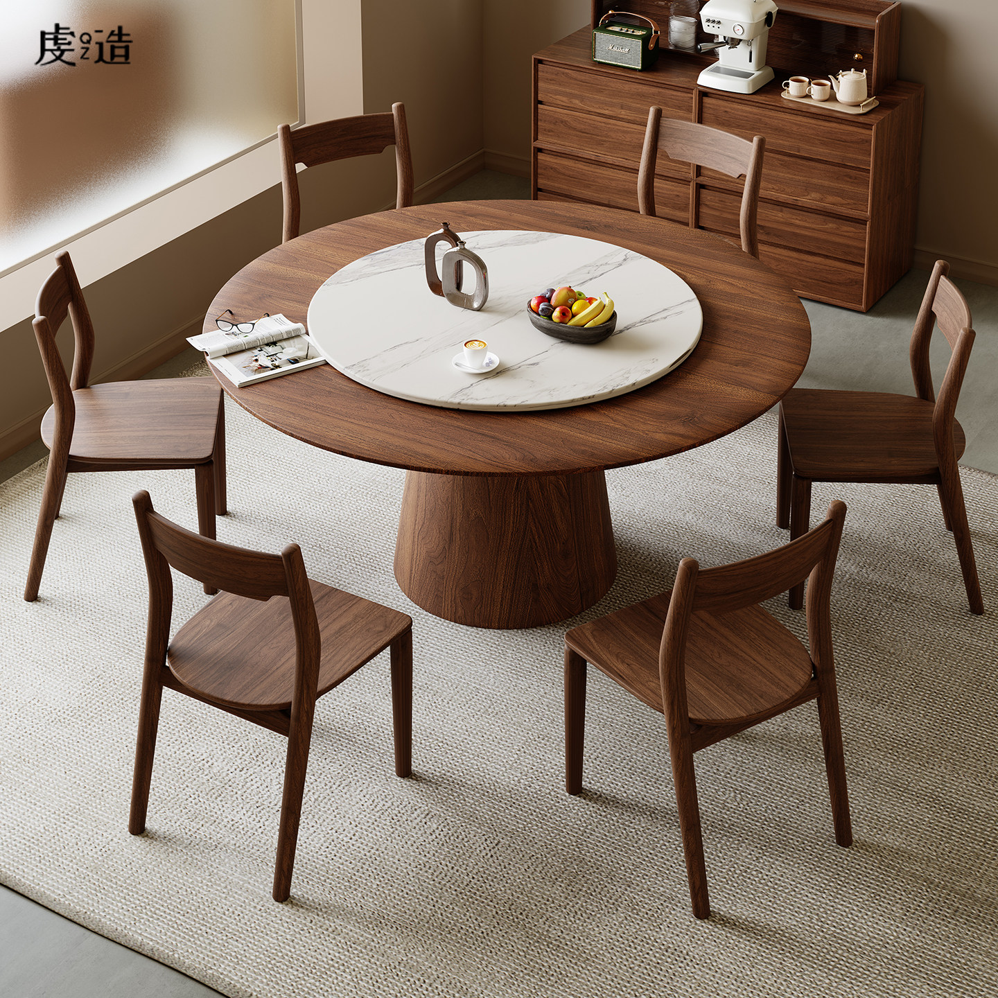 黑胡桃木圆形餐桌中古风复古大圆桌全实木客厅家用桌子餐桌带转盘