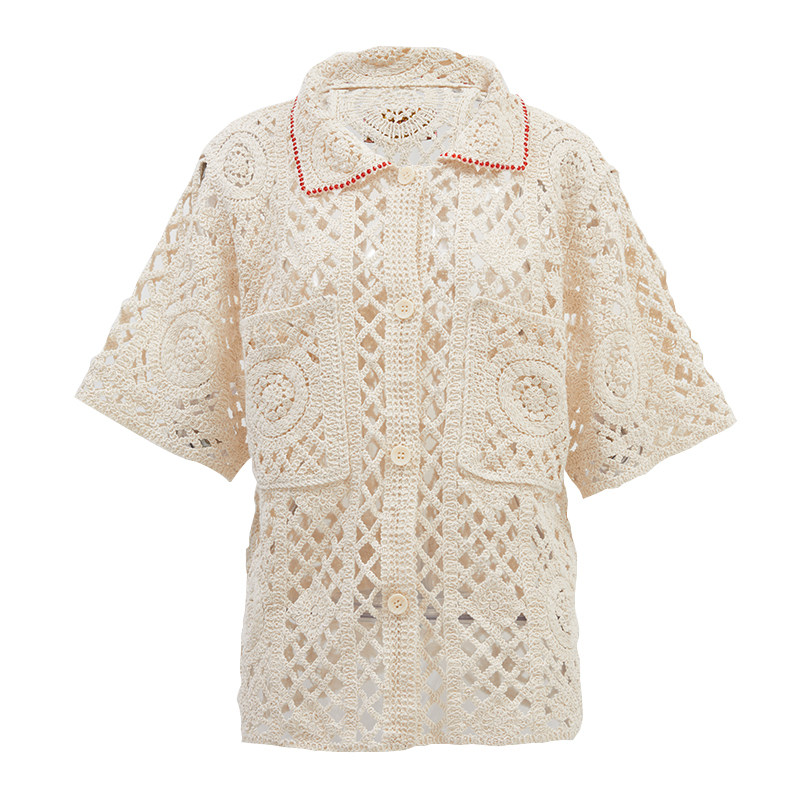 【春夏新品】LC红石榴钉珠镂空短袖针织Polo衫，杏色