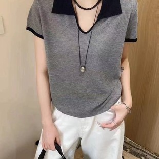 女显瘦薄款 针织衫 小四专享 高级感上衣潮63930 翻领拼色短袖