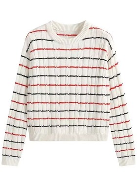 【专柜大上新】条纹针织衫女秋冬新款麻花设计感时尚内搭套头6366