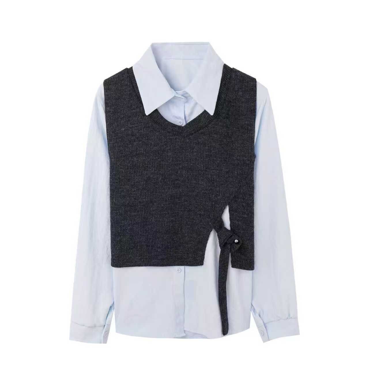 【书婷专享】针织马甲俩件衬衫女春季新款慵懒宽松上衣7762#