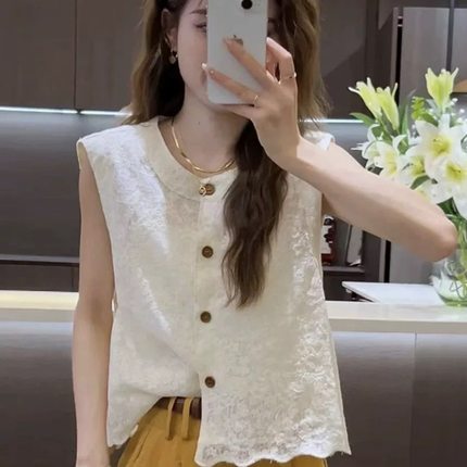 【小四专享】法式圆领蕾丝提花修身无袖衬衫套装女~3211
