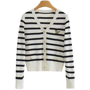 325 女装 小四专享~含绵羊毛黑白条纹V领针织开衫 商场专柜同款