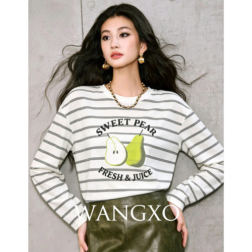 恩佳专享～新款时尚百搭圆领条纹针织衫女上衣8001
