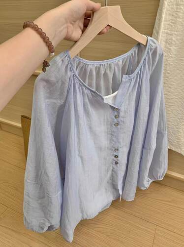 爆米花专享～薄款天丝亚麻衬衫女灯笼袖防晒上衣