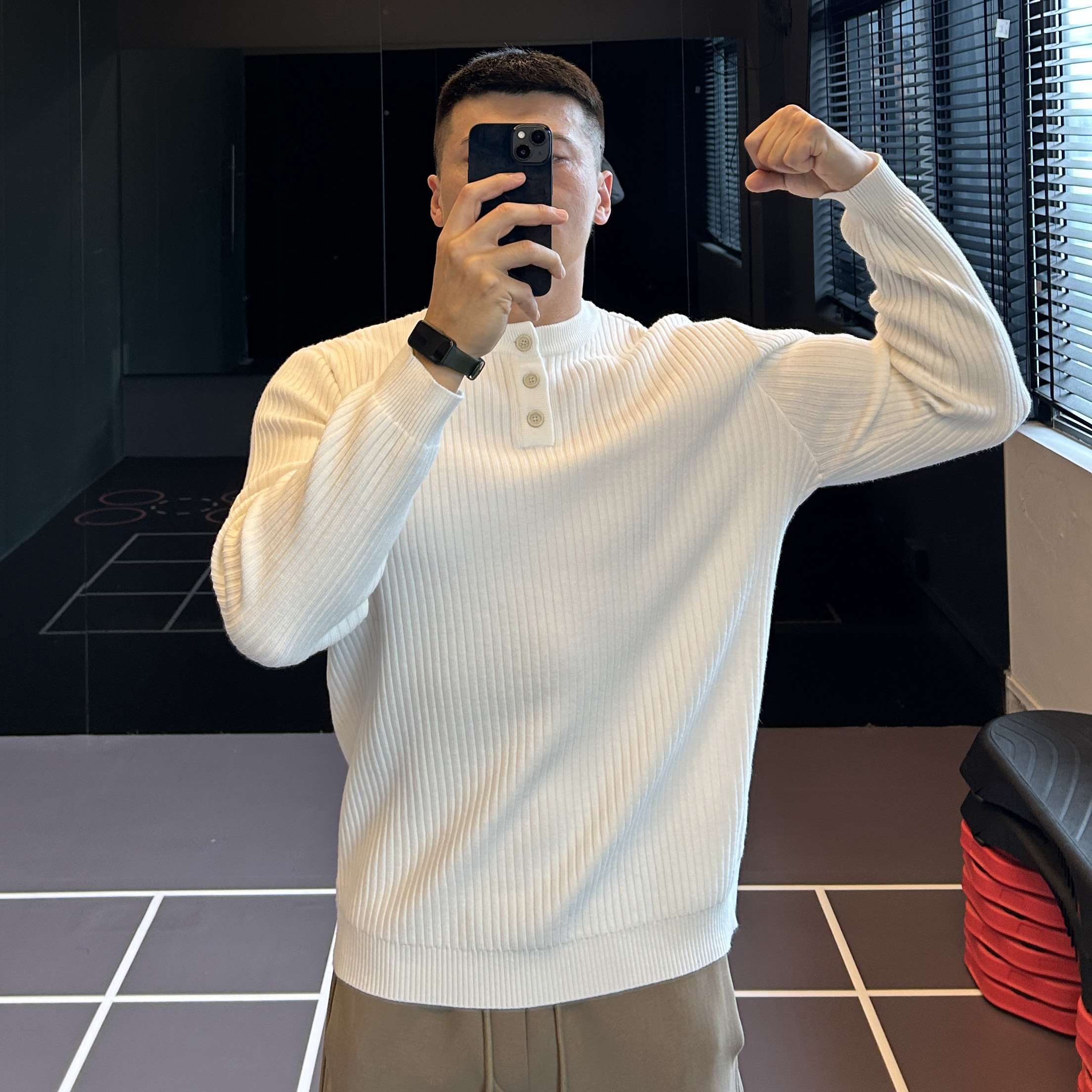 亨利领条纹针织衫毛衣男弹力修身