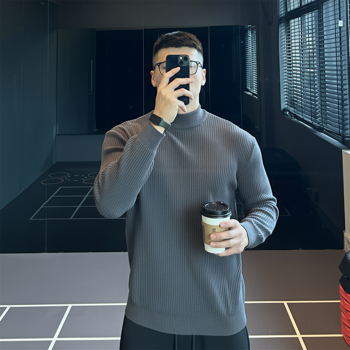 半高领通勤弹力条纹毛衣男修身秋