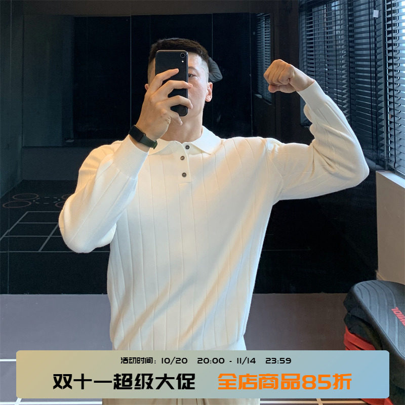 【城市通勤】美式坑条复古长袖T恤男polo衫针织打底衫弹力秋冬季