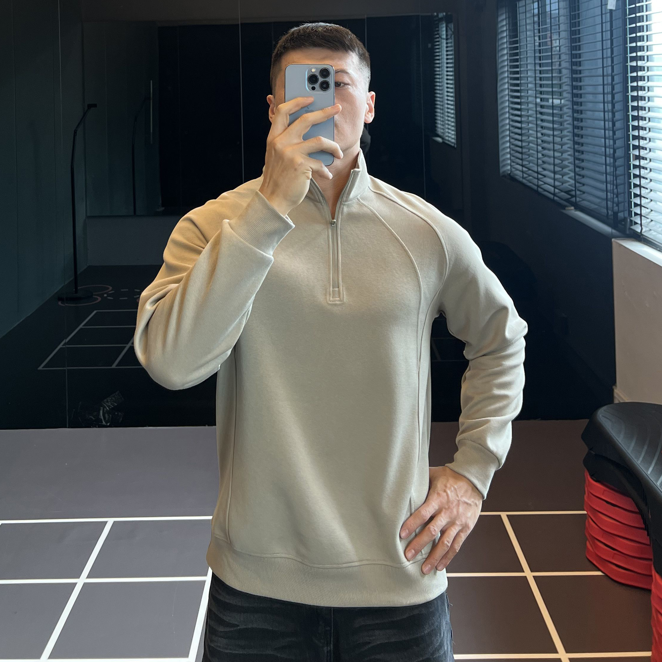 重磅螺纹拼接卫衣男士半拉链短款