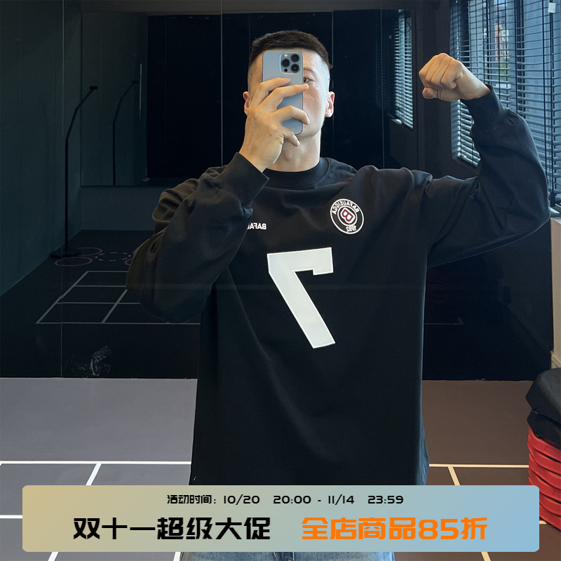 复古美式刺绣长袖球衣T恤男重磅