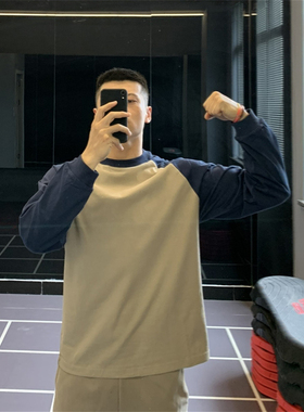 irontrap 270G重磅纯棉美式撞色运动长袖T恤健身衣服男训练秋冬季