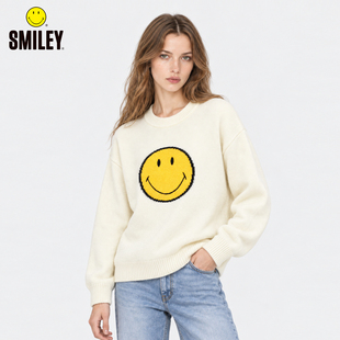 SMILEY笑脸长袖毛针织衫女宽松圆领套头百搭糖果色毛衣上衣