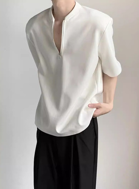 痞帅半拉链设计感垫肩短袖纯色T袖男夏季高级感上衣廓形宽松休闲