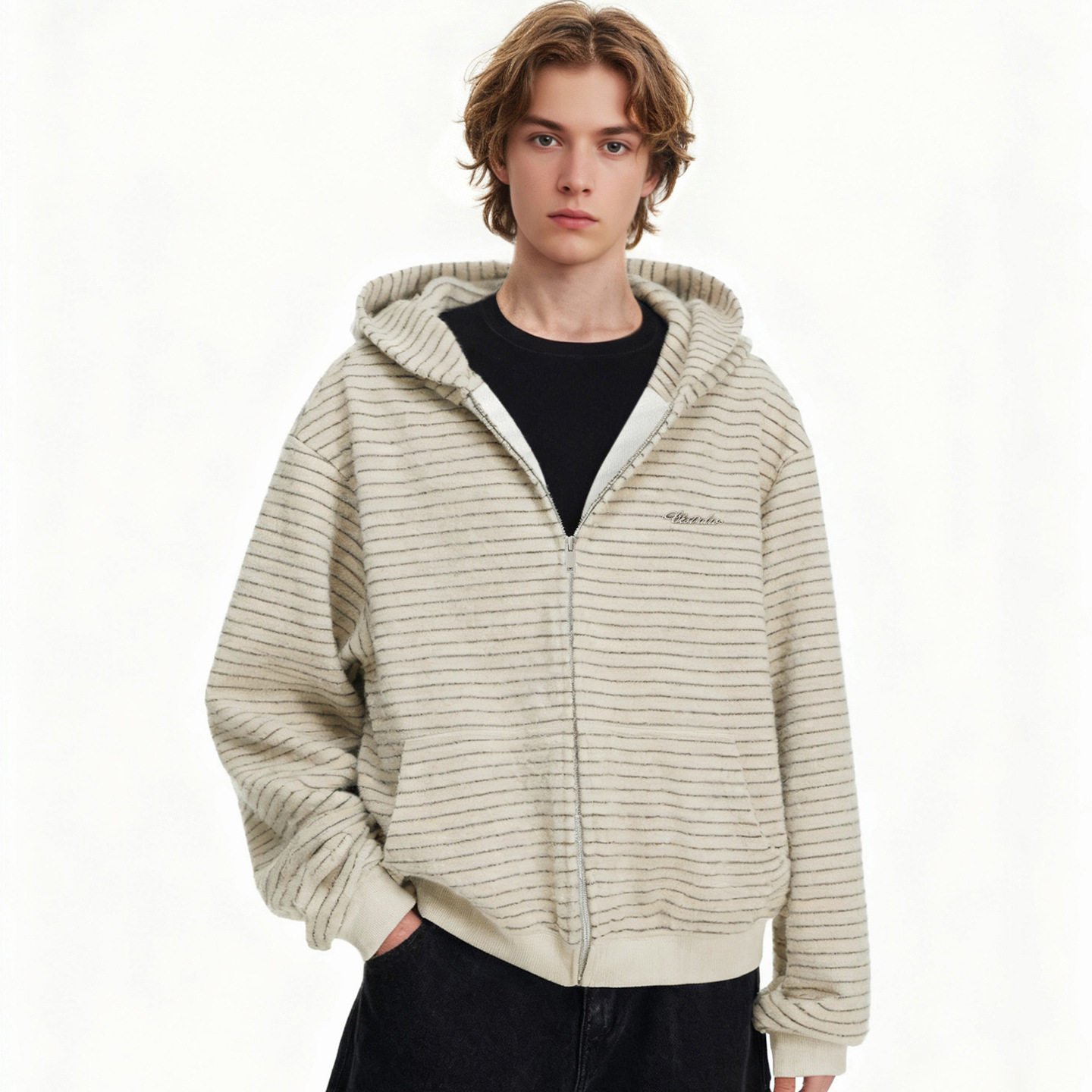 美式潮牌撞色条纹开衫连帽卫衣