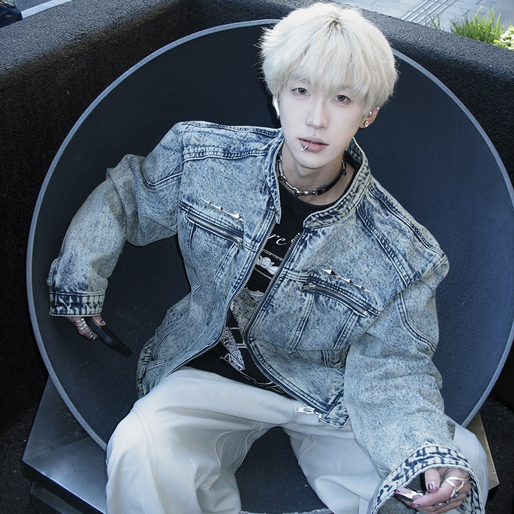 美式复古做旧设计感垫肩夹克衫