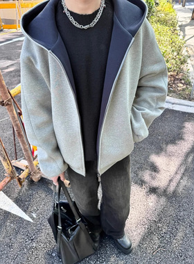 双拉链开衫卫衣男款春秋感廓形美式高街重磅硬挺潮牌连帽外套宽松