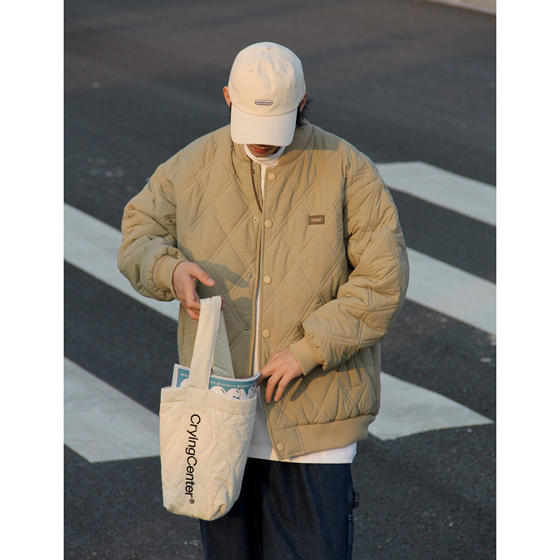 美式冬季男女潮牌宽松菱形格棉衣