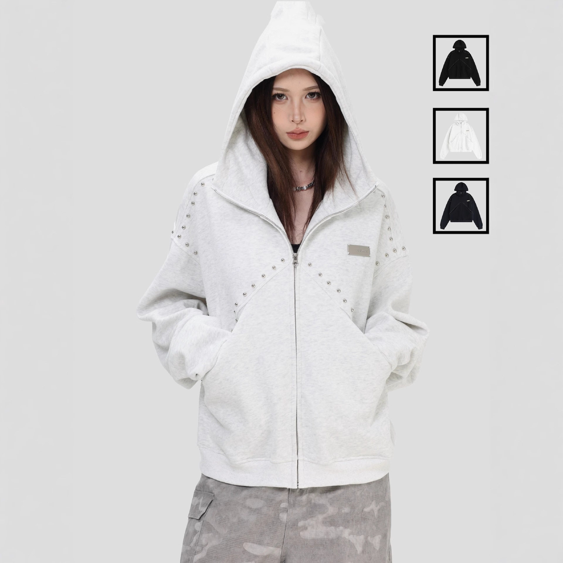 国潮情侣美式拼接铆钉拉链卫衣