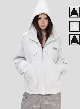 秋冬新款国潮情侣美式「拼接铆钉拉链卫衣」男女宽松连帽开衫外套