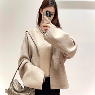 北欧极简风宽松慵懒风重磅羊毛毛呢男女同款连帽外套拉链外套卫衣