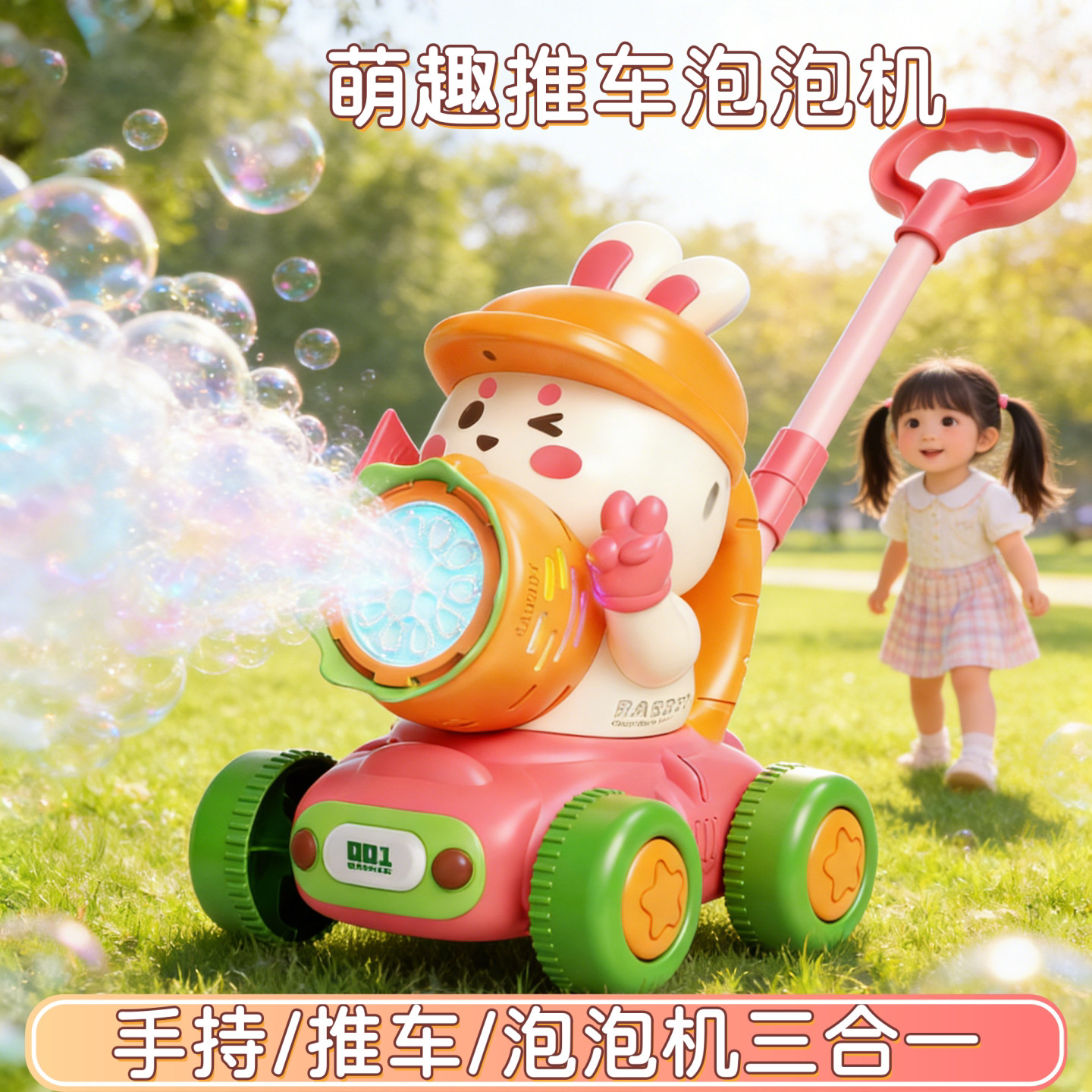 儿童卡通小鹿手推泡泡机学步推车二合一电动吹泡泡车灯光户外玩具
