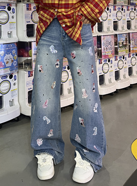 YIZILINGF 25FW卡通贴画泼墨牛仔长裤男女原创动漫印花直筒宽松裤