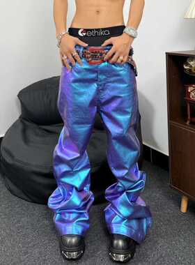 YIZILINGF 原创小众设计ro风镭射亮面堆积牛仔裤拖地显瘦微喇叭裤