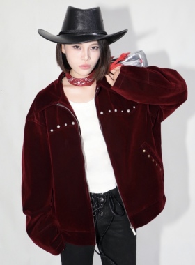 YIZILINGF 红色丝绒夹克外套珍珠外套男女小众个性装饰翻领夹克