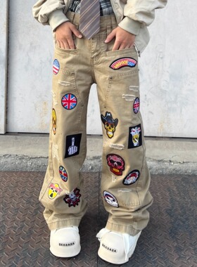 YIZILINGF 原创自制水洗做旧骷髅刺绣长裤磨破小众直筒牛仔裤男女