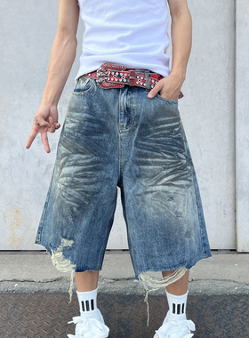YIZILINGF 美式复古做旧脏染牛仔短裤小众破洞宽松拼接七分裤男女