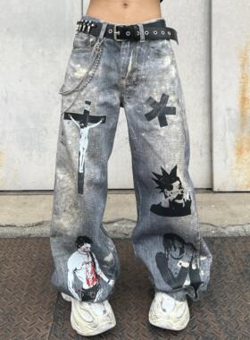 YIZILINGF 原创设计亚文化宽松牛仔裤男女小众欧美街头3D印花长裤