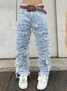 YIZILINGF 原创蓝色水洗重工四季宽松直脚流行高街流苏牛仔裤男女