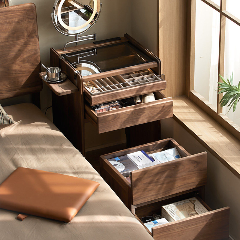朴愫木作实木化妆台一体小型迷你黑胡桃木小户型床头收纳柜化妆桌