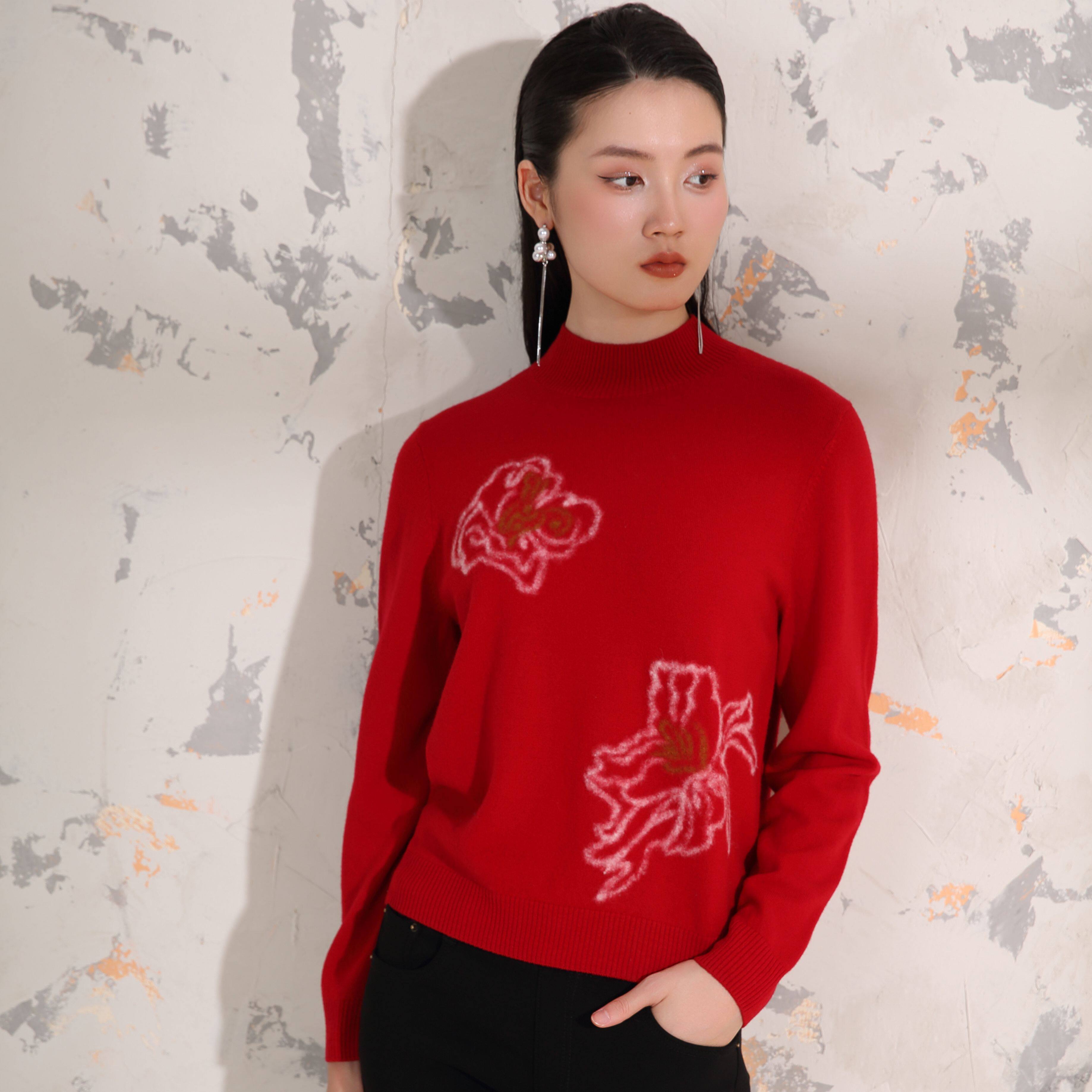 红色花卉提花半高领纯羊毛毛衣女秋冬 复古花朵套头喜庆针织上衣