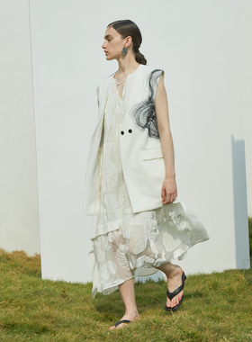 MAO MART原创｜春秋中长款外套时尚绣花无领中长无袖背心马甲