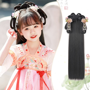 儿童汉服假发包女童头饰古装 发箍长直发片古风演出发饰发髻 一体式