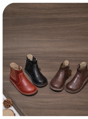Duoremi秋冬新款BR2481复古过检牛皮雕花皮靴时尚侧拉链宝宝短靴